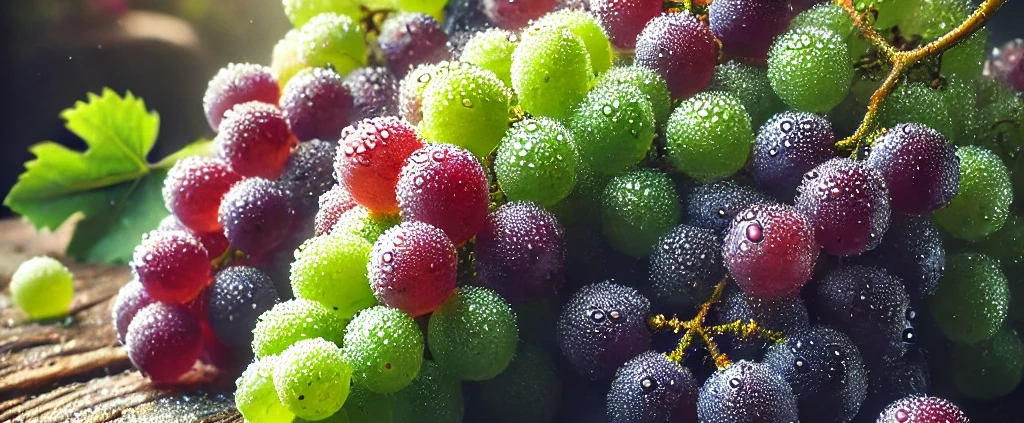 Photographie réaliste de grappes de raisin violettes et vertes, recouvertes de gouttes de rosée, posées sur une table en bois rustique sous une lumière naturelle